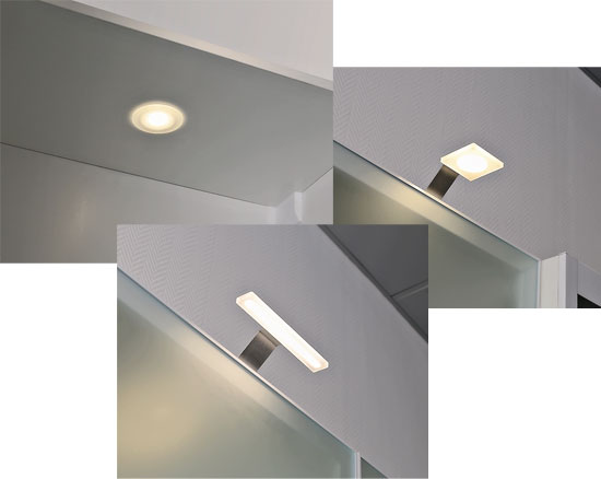 MAKMART. LED Quadro S и LED Rettangolo S предназначены для внешнего освещения мебели. LED Cerchio — врезной светильник для функциональной подсветки.
